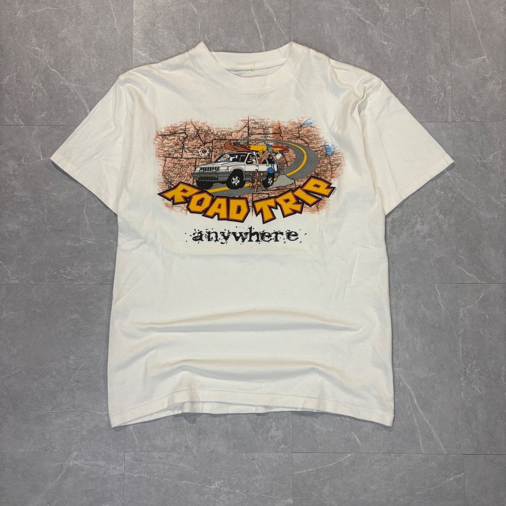 Vintage Road Trip Anywhere Graphic T-Shirt Cream SUV Map Mens XL